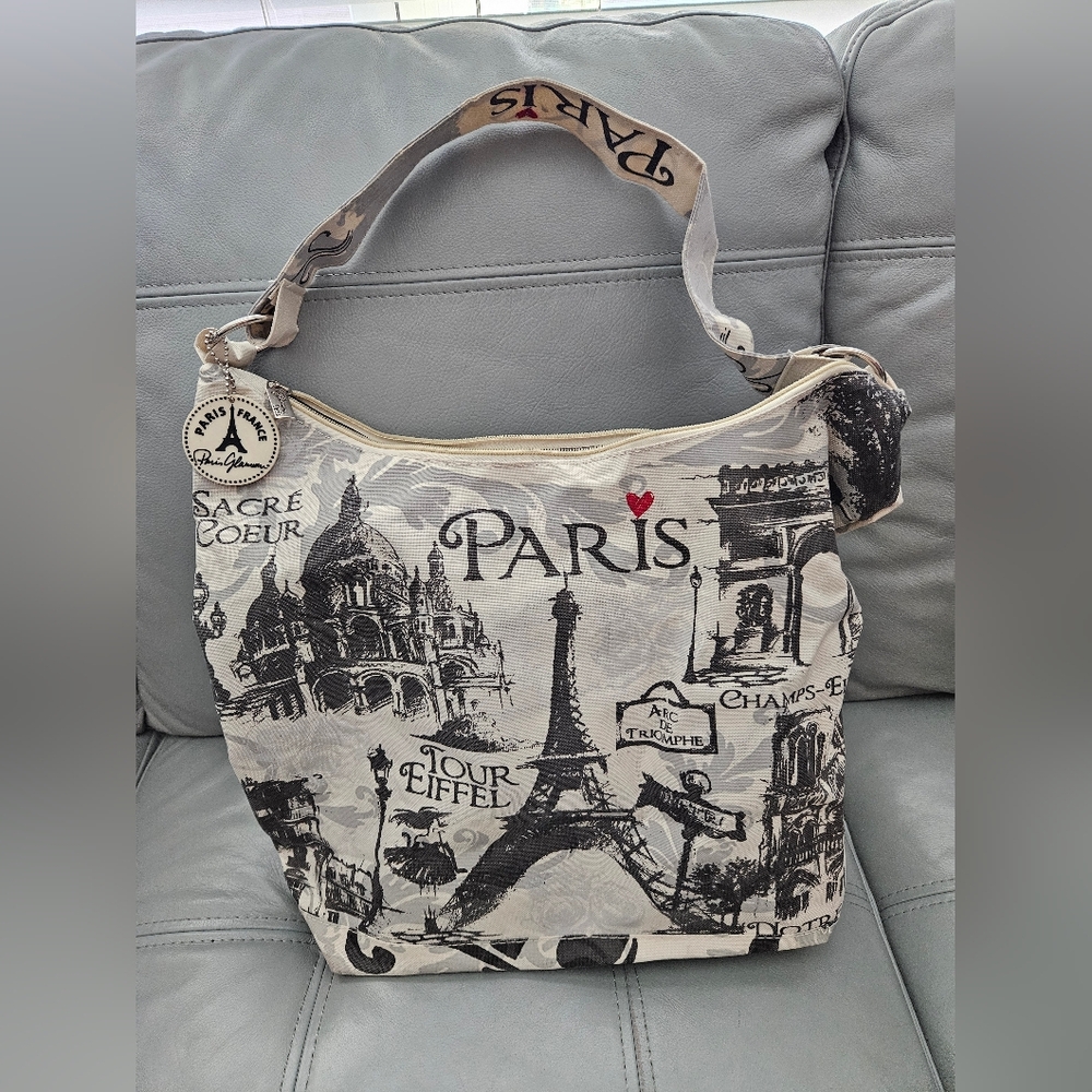 Paris Print Shoulder Tote Bag in Cream and Black